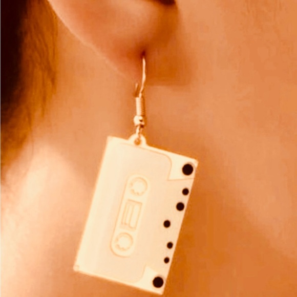 “Cassette Tape” Magnetic Mag Tape Retro Funky 70s 80s 90s Boombox Gold Earrings - Picture 3 of 5